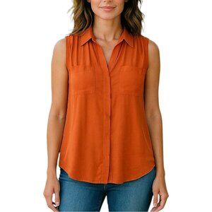 VINCE Orange Sleeveless Silk Button Down Collared Blouse Size M
